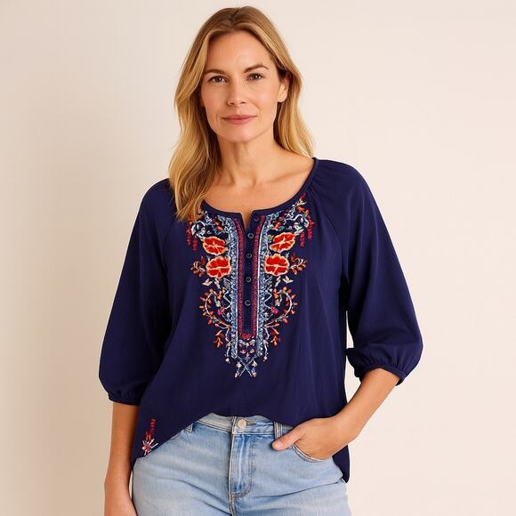 Johnny Was Olivia Embroidered Boho Blouse Top Size Large C79666-2 Floral Bird - Picture 10 of 10